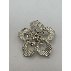 Vintage Silver Tone Rhinestone Flower Brooch Pink Clear Crystal Floral Pin